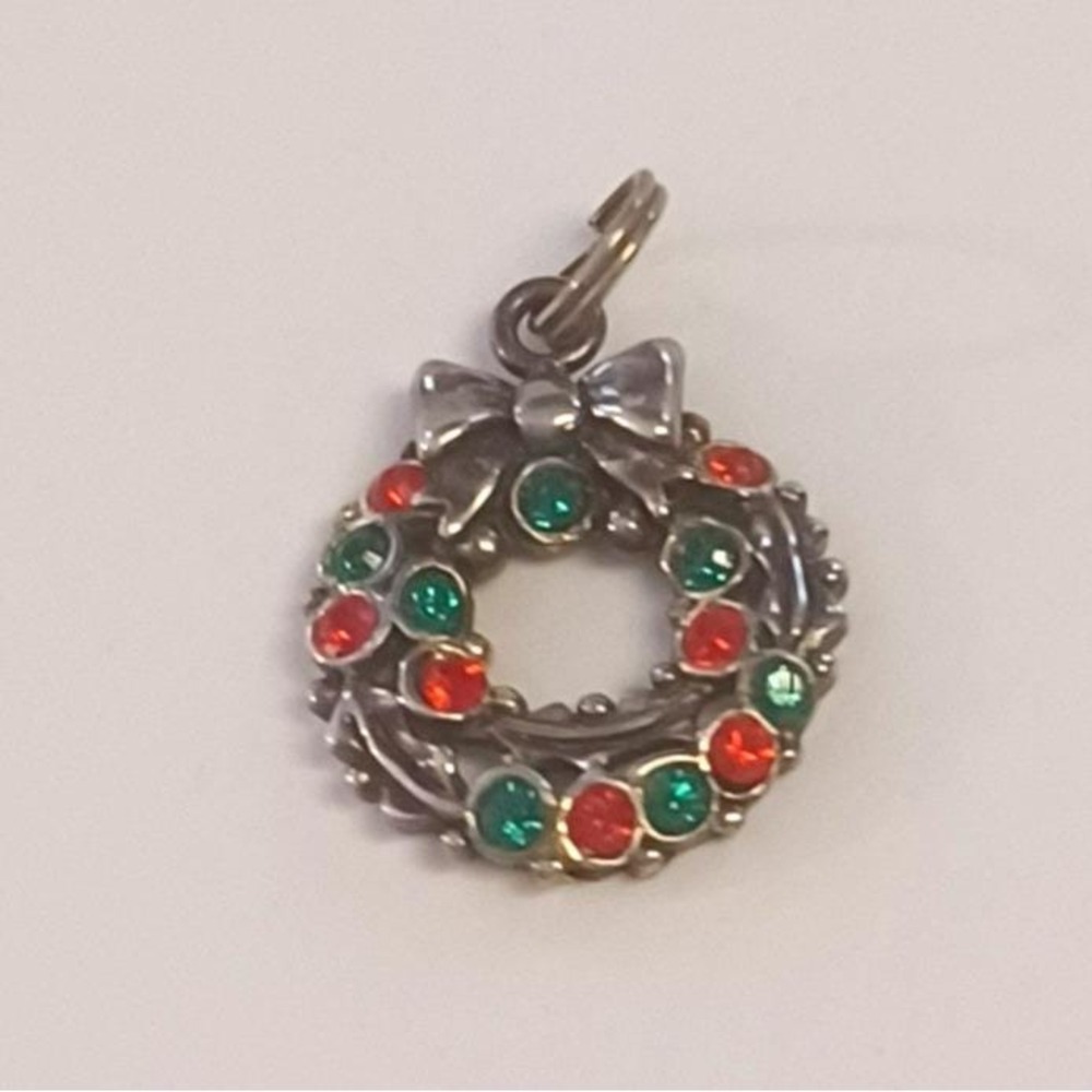 Vintage Christmas Wreath Charm Pendant Pewter Tone Red Green Rhinestones Holiday
